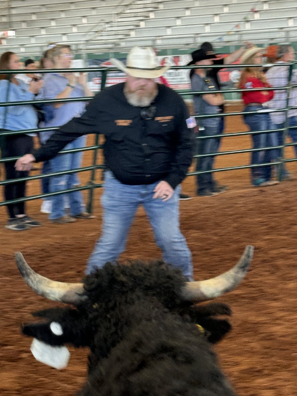 Joshua Morris standing between a loose bull and the arena fence line during a rodeo event